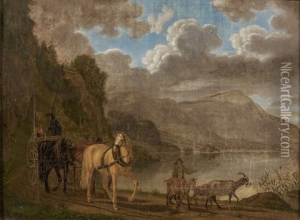 Landschaft Am See Mit Pferdewagen Oil Painting - Emanuel Rudolf Biedermann