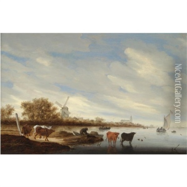 A River Estuary With Cows In The Foreground Shallows, A Fisherman Unloading His Catch Beyond Oil Painting - Salomon van Ruysdael