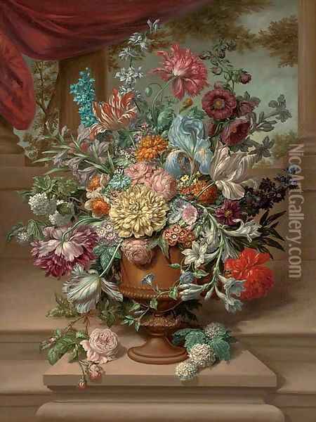 Parrot tulips, carnations, morning glory, narcissi and other flowers in an urn on a plinth by a partly-draped colonnade Oil Painting - Jan Frans Van Dael