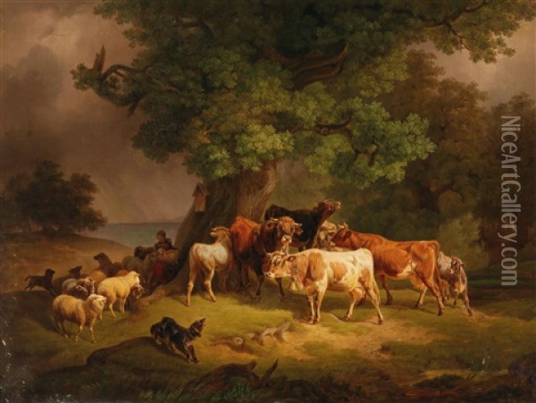Animals Seeking Shelter Under An Oak Tree Oil Painting - Johann Friedrich Voltz