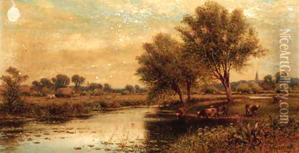 Cattle watering with harvesters beyond Oil Painting - Alfred Glendening