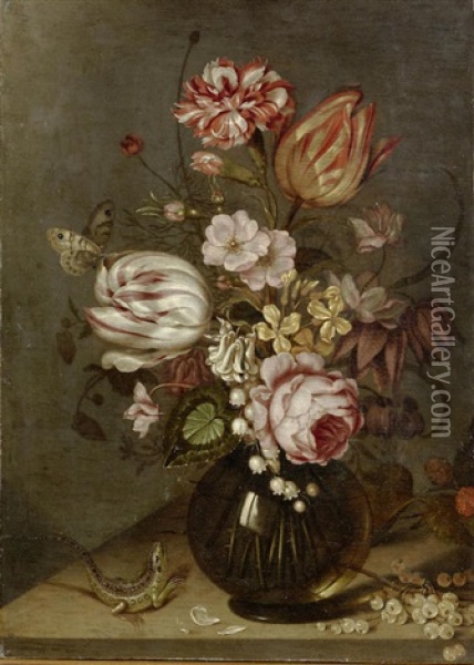 A Rose, Tulips, Carnations And Other Flowers In A Glass Vase On A Table-top With Whitecurrants And A Lizard Oil Painting - Ambrosius Bosschaert the Younger