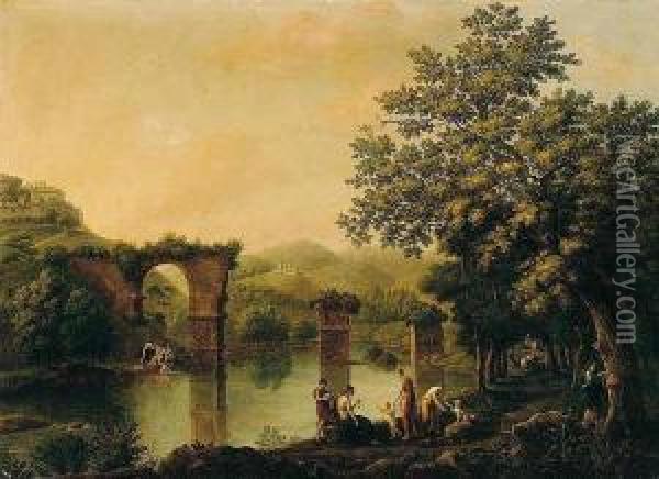 Italian Landscape With Classical Figures On A Riverbank Oil Painting - Carlo Labruzzi