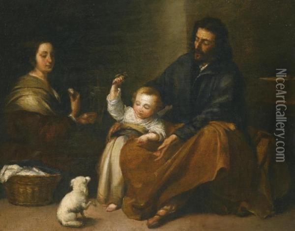 The Holy Family In An Interior Oil Painting - Bartolome Esteban Murillo