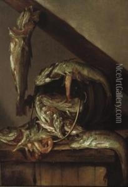 Haddock By A Bucket On A Wooden Table Oil Painting - Abraham Susenier