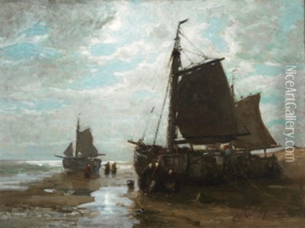 Unloading The Catch At Dusk Oil Painting - Hendrik Willem Mesdag
