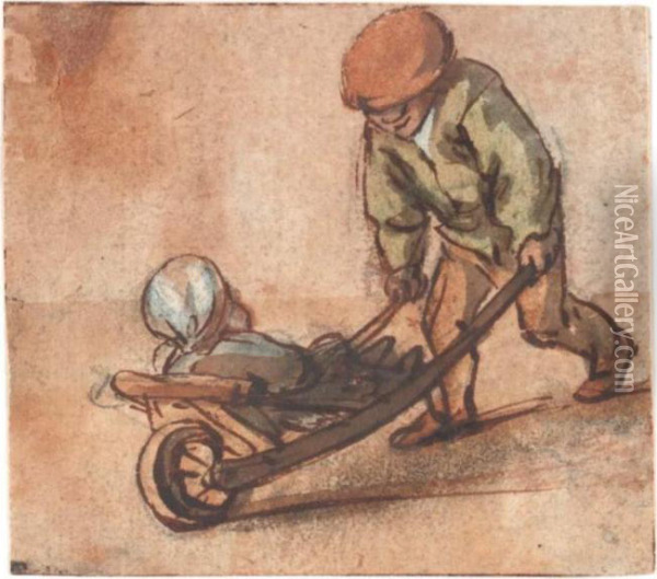 Boy Pushing A Baby In A Wheelbarrow Oil Painting - Isaack Jansz. van Ostade