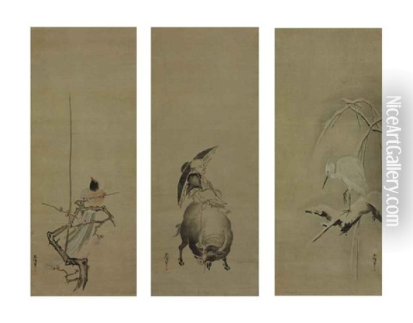 Magpie On Plum; Isei Zenshi On A Water Buffalo; Heron On Snow-covered Willow (triptych) Oil Painting - Yasunobu Kano