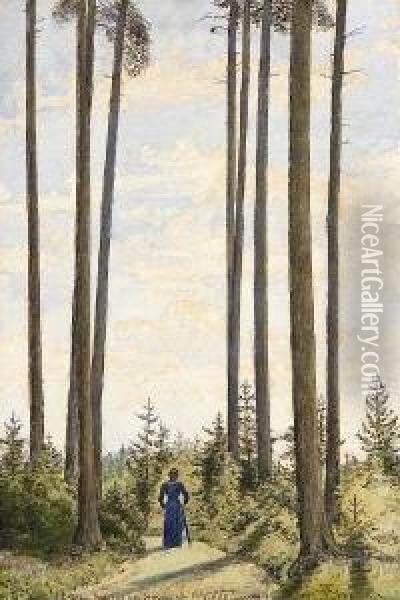 Spaziergangerin Im Villinger
 Wald. Oil Painting - Hans Thoma