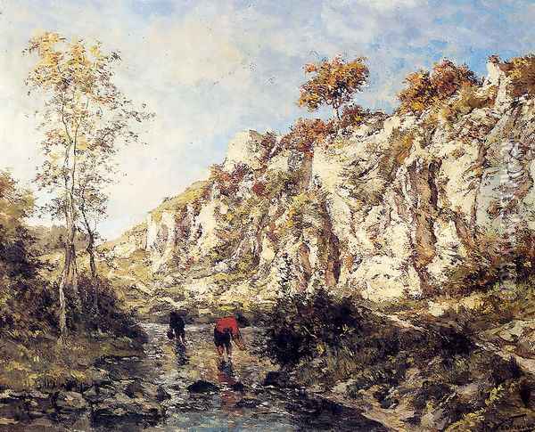 Figures In A Rocky Stream Oil Painting - Isidore Verheyden
