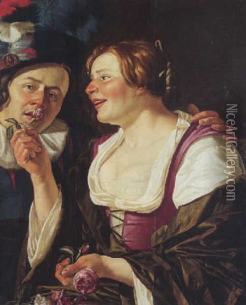 Frohliches Paar; Allegorie Des Geruchsinnes Oil Painting - Christian van Couwenbergh