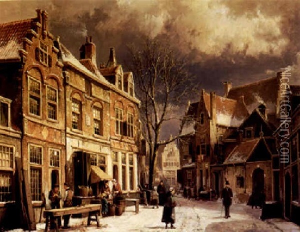A Dutch Townscene In Winter Oil Painting - Willem Koekkoek