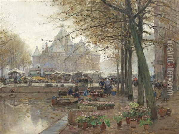 Markt In Amsterdam Mit Blick Auf De Waag Oil Painting - Hans Herrmann