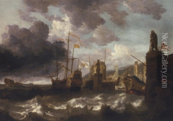 A Coastal Landscape With Men-o'-war In Choppy Seas Outside A Mediterranean Harbour Oil Painting - Bonaventura Peeters the Elder