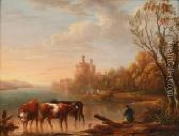 Cattle Watering At An Estuary, With Distant Castle Oil Painting - Nicholas Pocock
