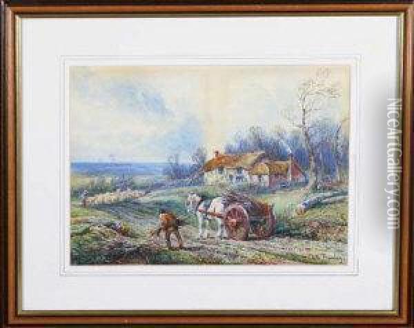 A Horse Cart And A Flock Of Sheep Near A Thatched Farmhouse Oil Painting - Edith Lord Barclay