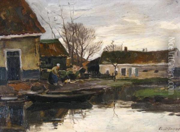 Dutch Townscape Withwoman Near Water Oil Painting - Charles Paul Gruppe