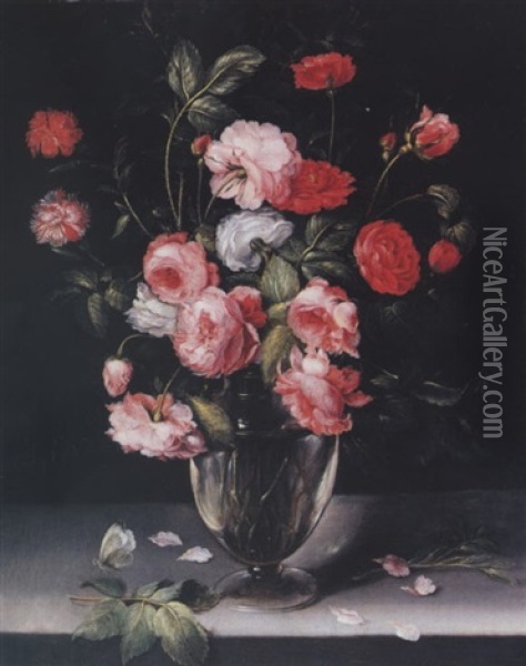 Still Life Of Roses And Carnations In A Glass Vase On A Marble Ledge Oil Painting - Alexander Adriaenssen the Elder