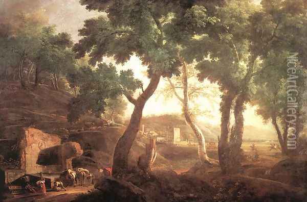 Landscape with Watering Horses c. 1720 Oil Painting - Marco Ricci