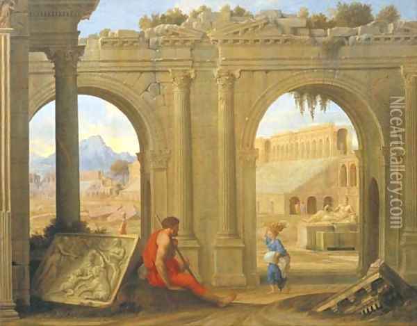 Figures amongst classical architectural ruins Oil Painting - Jean Lemaire