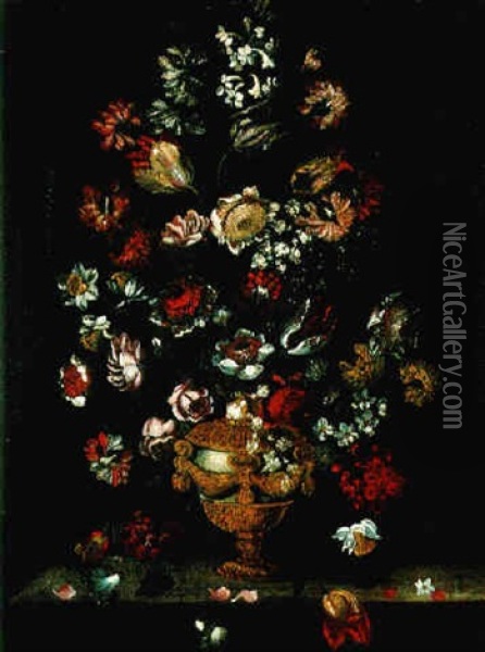 Bouquets De Fleurs Dans Un Vase Aux Ornements De Bronze Oil Painting - Bartolommeo Bimbi