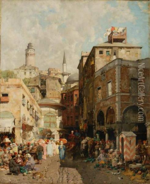 Una Via Di Galata, Anche Mercato Di Costantinopoli Oil Painting - Alberto Pasini