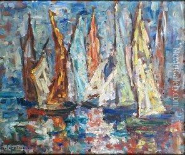 Bateaux De Peche Amarres Au Port Oil Painting - Auguste Joseph Leparmentier
