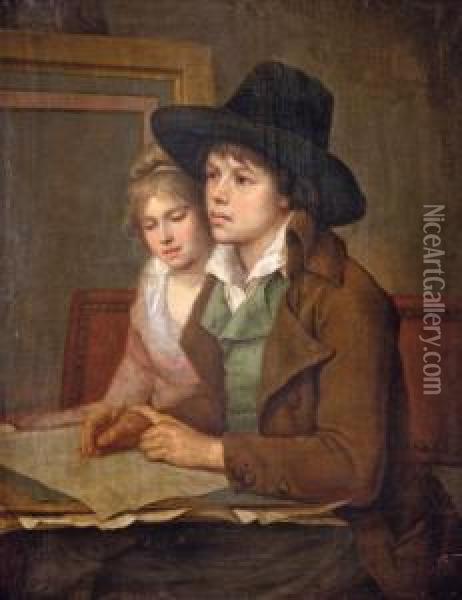 Portrait D'un Artiste Accompagne D'une Jeune Fille Oil Painting - Henri Nicolas Van Gorp