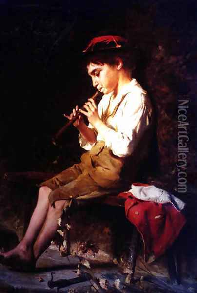 Boy with Recorder Oil Painting - Luigi Bechi