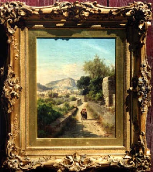 Figures On A Road Near An Italian Town Oil Painting - Guido Agostini