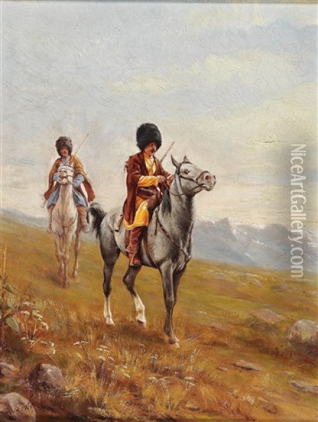 Zwei Kaukasische Reiter Oil Painting - Alexander Amandus Von Wahl