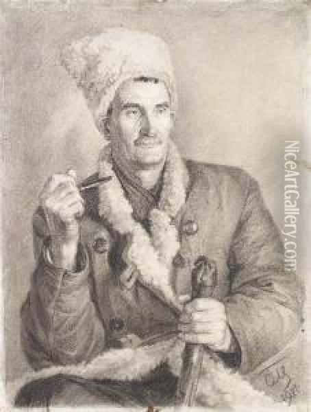 Portrait Of Man In A Shapka, With Pipe And Stick Oil Painting - Sergei Vasilievich Malyutin