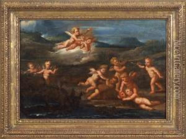 Cupids Playing In Landscape Oil Painting - Francesco Albani