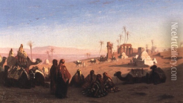 Halte De Chameliers Aux Ruines D'hermonthis En Haute Egypte Oil Painting - Charles Theodore (Frere Bey) Frere
