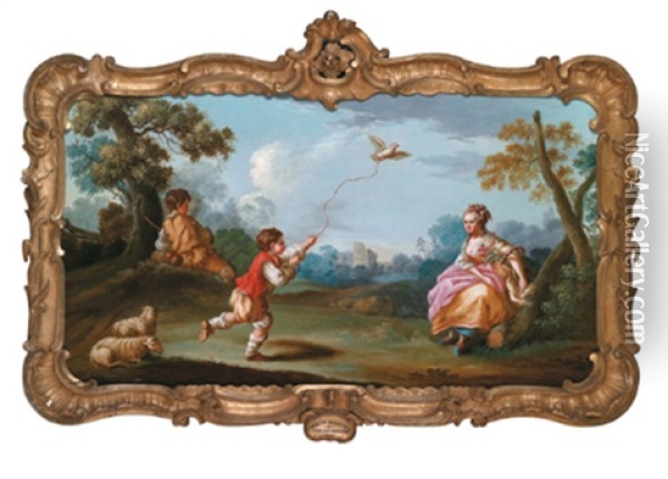 Kinder Mit Ihrer Mutter Beim Spiel Mit Einem Angeleinten Vogel Oil Painting - Johann Jacob Sorg
