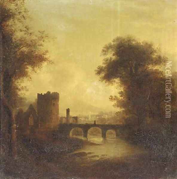 A ruined abbey and bridge in a river landscape with a town beyond Oil Painting - James Stark
