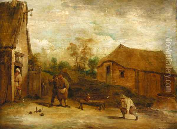 Figures playing skittles before a cottage Oil Painting - David The Younger Teniers