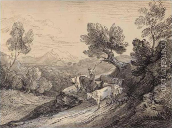 Wooded Mountain Landscape With Herdsman And Cows Oil Painting - Thomas Gainsborough