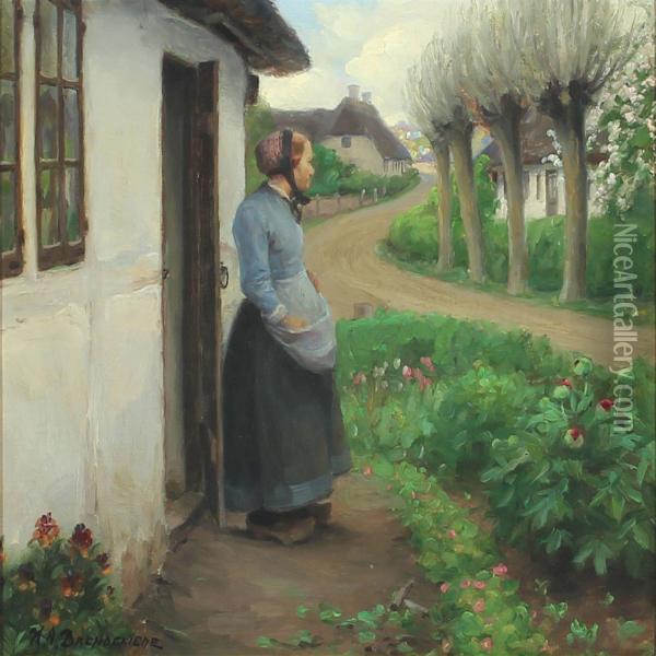Woman In Her Flowering Garden Oil Painting - H. A. Brendekilde