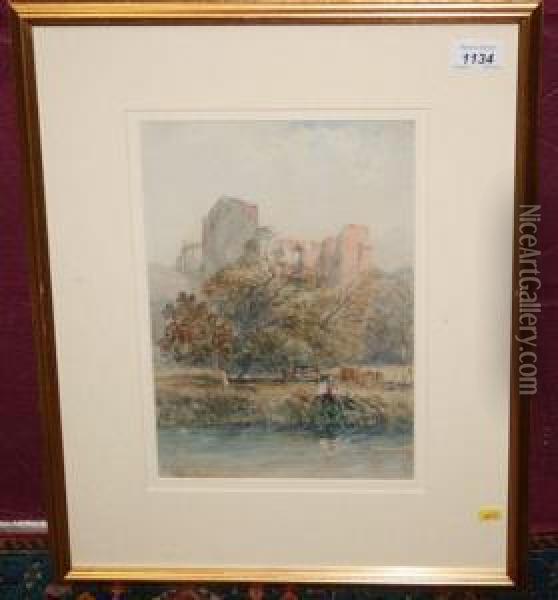 Fisherman Beside Ariver With Ruins Beyond Oil Painting - John Skinner Prout