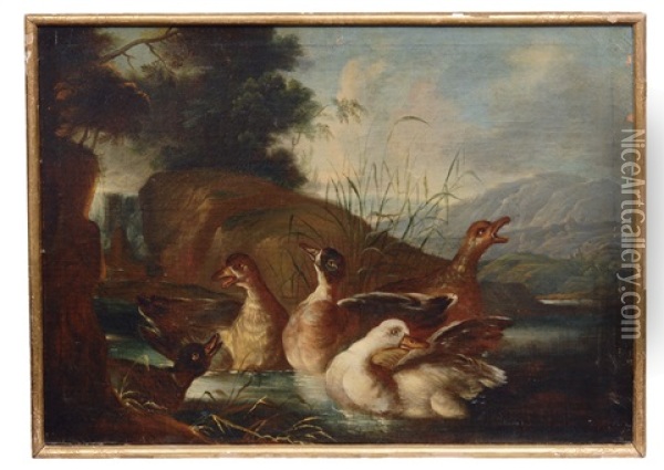Poultry In A Landscape (+ Another, Similar; Pair) Oil Painting - Giovanni (Crivellino) Crivelli