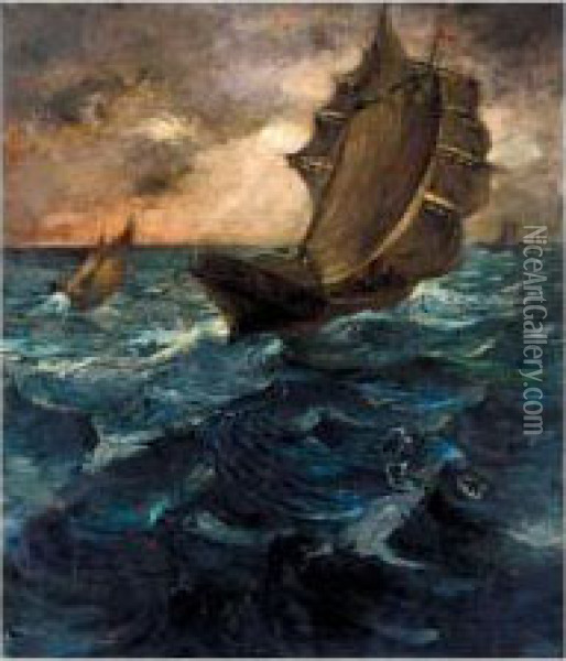 Boats At Sea Oil Painting - Georgios Stratigos