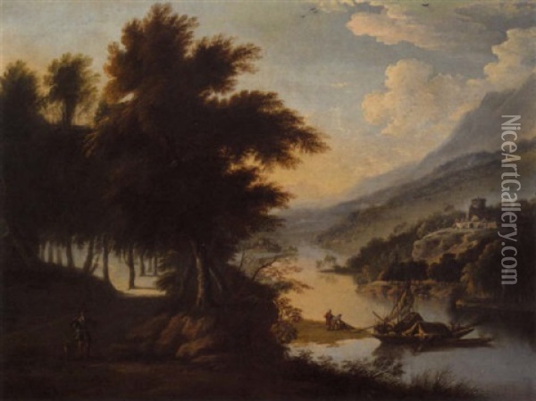 A River Landscape With A Huntsman And His Dog In The Foreground, A River Barge Unloading Its Goods And A Fortified Town Beyond Oil Painting - Willem van Diest