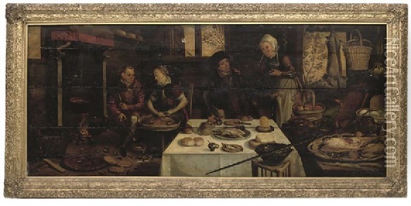 A Kitchen Interior, With A Couple At A Laid Table, A Servant Couple By The Fire Beside Them Oil Painting - Pieter Aertsen