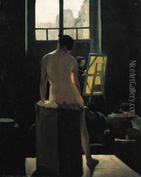 A Female Nude Seated Before A Group Of Artists In A Parisian Studio Oil Painting - Leon Mathieu Cochereau