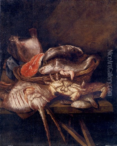 Fish In A Basket With Crabs, Rays And Other Fish On A Wooden Table Oil Painting - Abraham van Beyeren