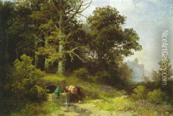 Mann Mit Einem Pferde An Der Tranke, Am Waldrand Oil Painting - Gustav Pflugradt
