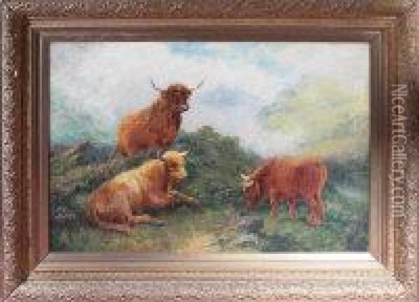Highland Cattle On A Misty Hillside Oil Painting - Wilson Hepple