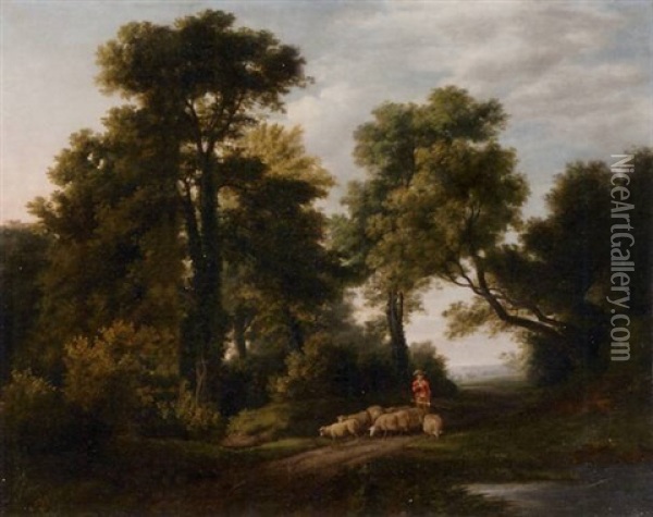 A Wooded Landscape With Shepherd And Flock Oil Painting - George Smith of Chichester