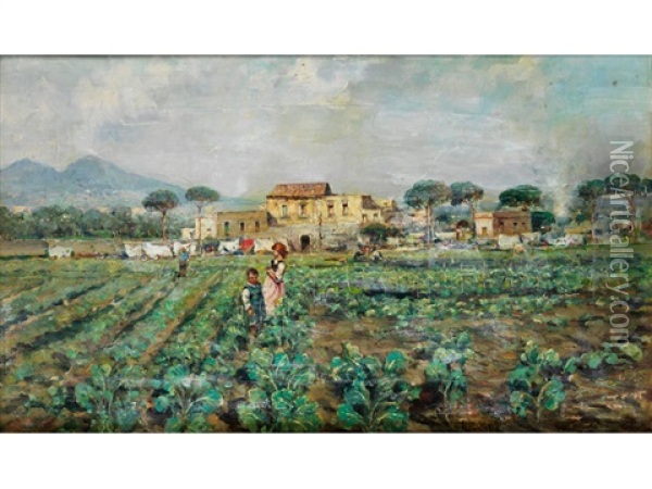 Neapolitanische Landschaft Mit Kindern In Einem Feld Oil Painting - Attilio Pratella